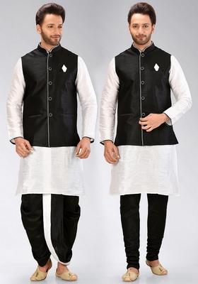White Solid Art Silk Nehru Jackets Set For Men