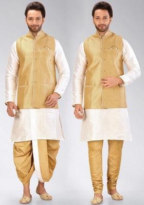 White Solid Art Silk Nehru Jackets Set For Men
