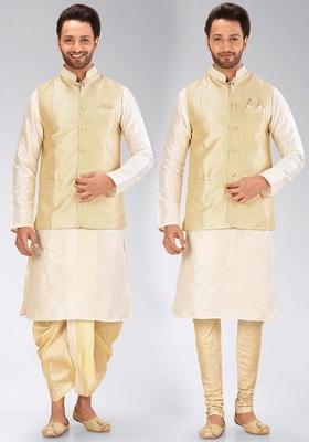 Cream Solid Art Silk Nehru Jackets Set For Men