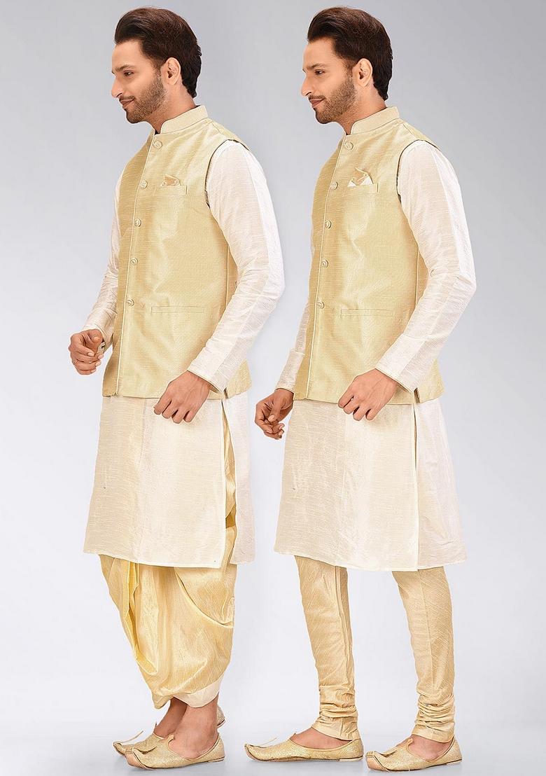 Cream Solid Art Silk Nehru Jackets Set For Men - Indya