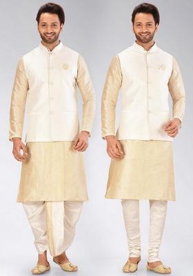 Peach Solid Art Silk Nehru Jackets Set For Men
