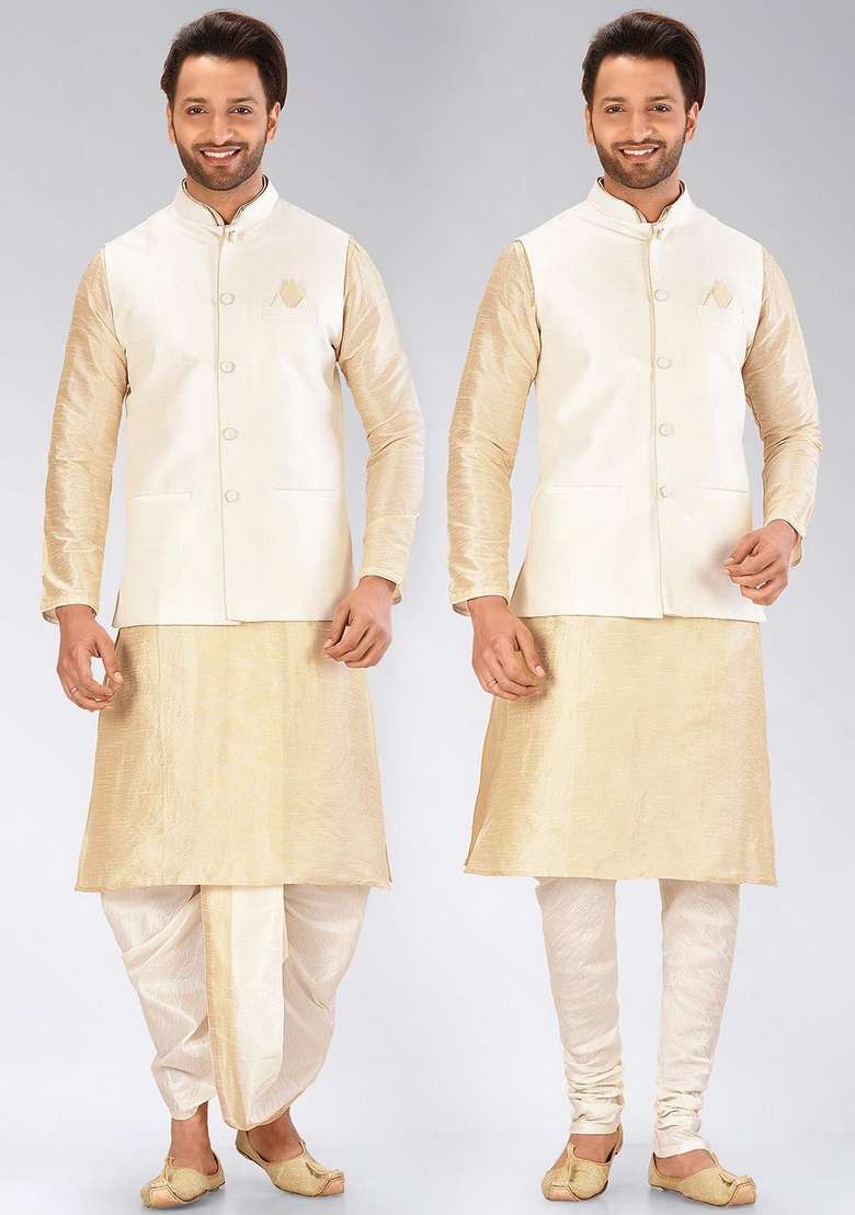 Peach Solid Art Silk Blend Nehru Jackets Set For Men - Indya