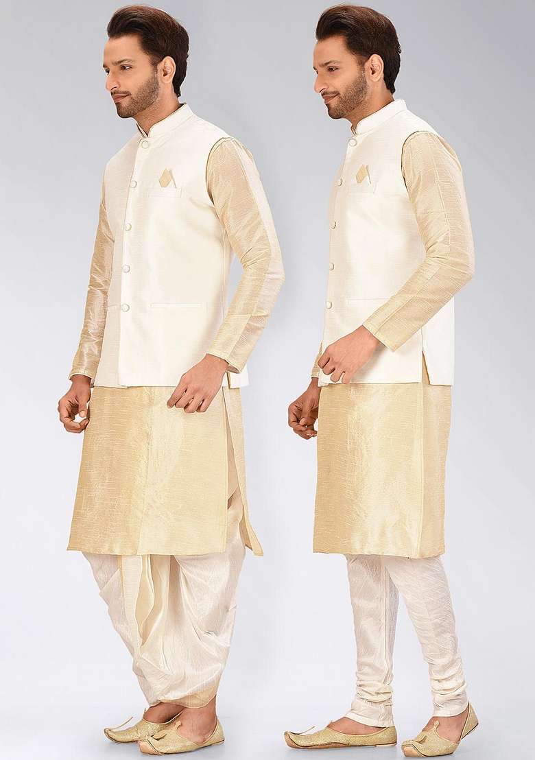 Peach Solid Art Silk Blend Nehru Jackets Set For Men - Indya