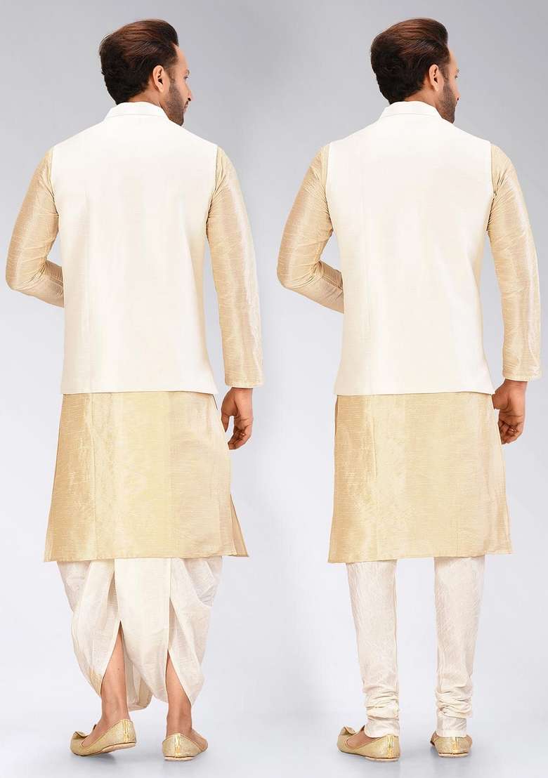 Peach Solid Art Silk Blend Nehru Jackets Set For Men - Indya