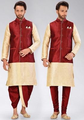 Peach Solid Art Silk Nehru Jackets Set For Men