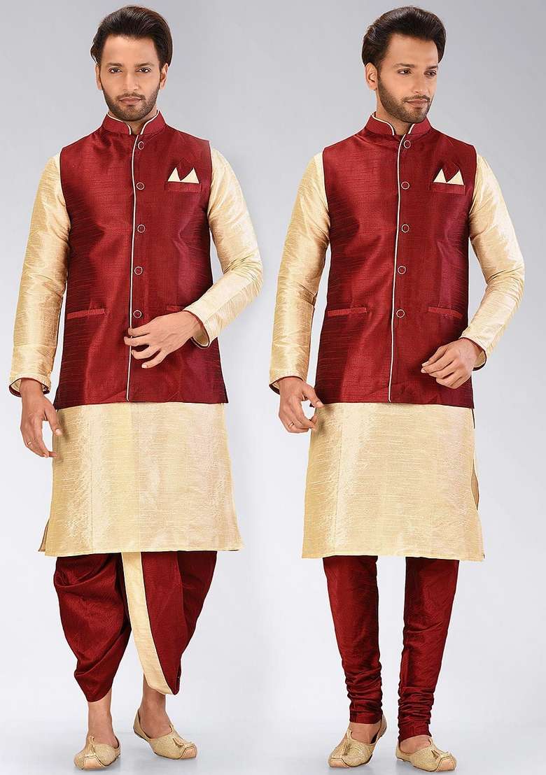 Peach Solid Art Silk Blend Nehru Jackets Set For Men - Indya