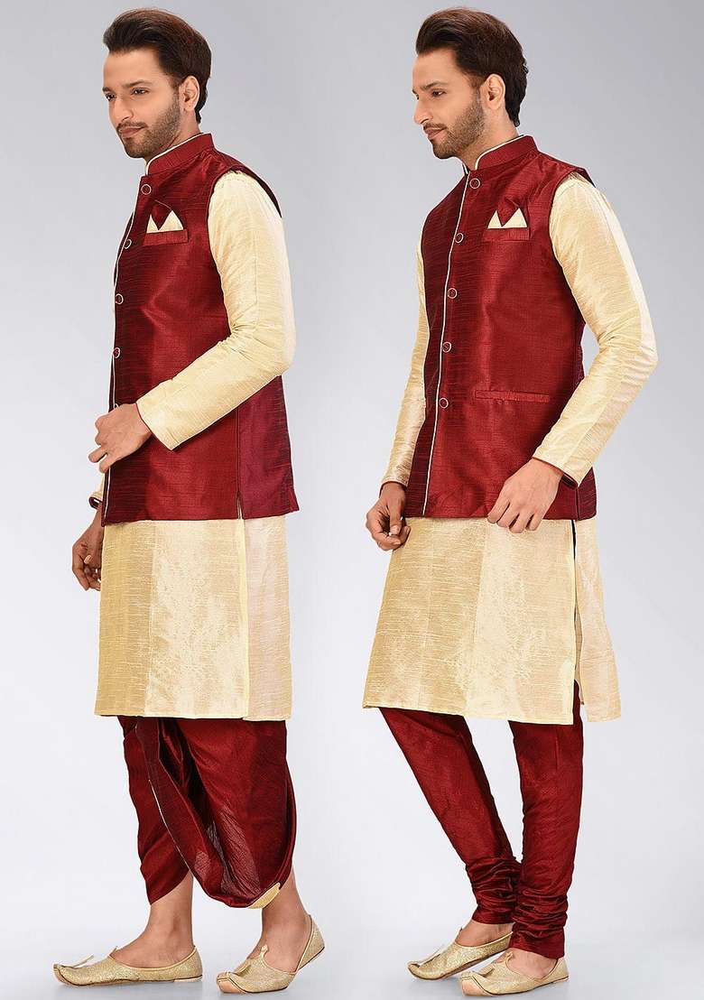 Peach Solid Art Silk Blend Nehru Jackets Set For Men - Indya