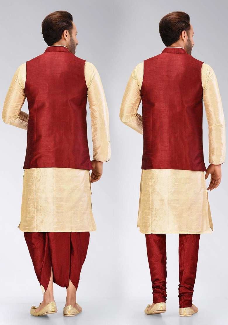 Peach Solid Art Silk Blend Nehru Jackets Set For Men - Indya