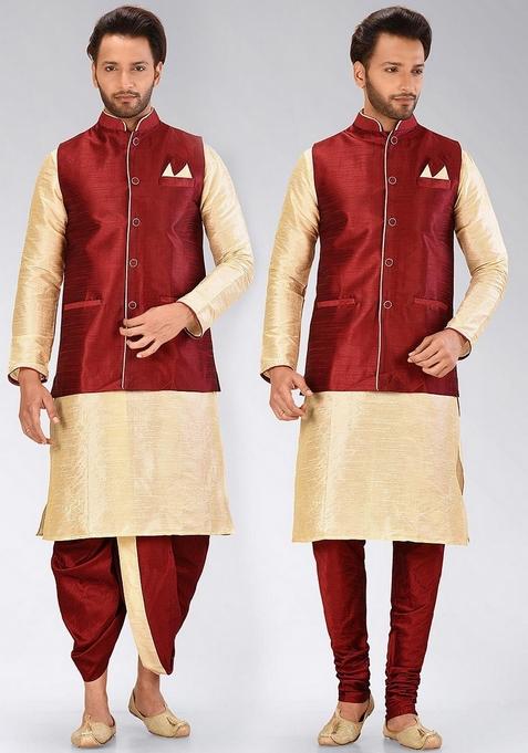 Peach Solid Art Silk Nehru Jackets Set For Men — view on Indya