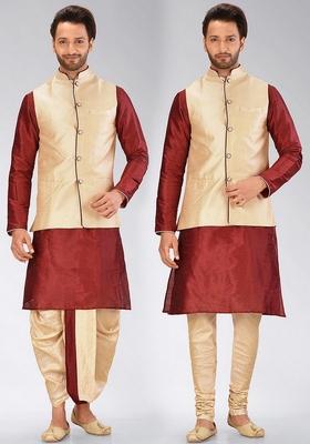 Red Solid Art Silk Nehru Jackets Set For Men