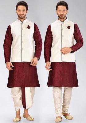 Mahroon Solid Art Silk Nehru Jackets Set For Men