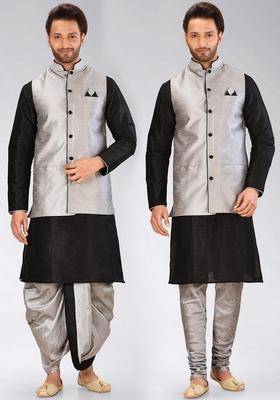 Black Solid Art Silk Nehru Jackets Set For Men