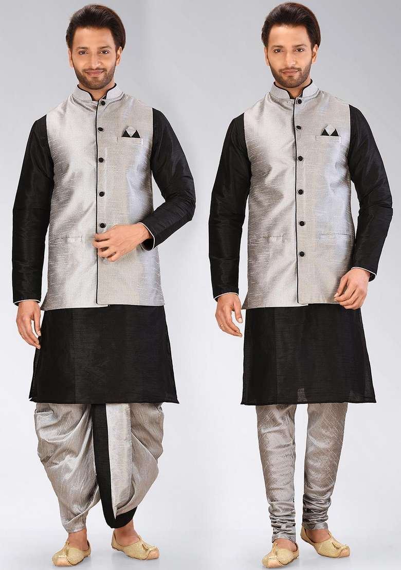 Black Solid Art Silk Blend Nehru Jackets Set For Men - Indya