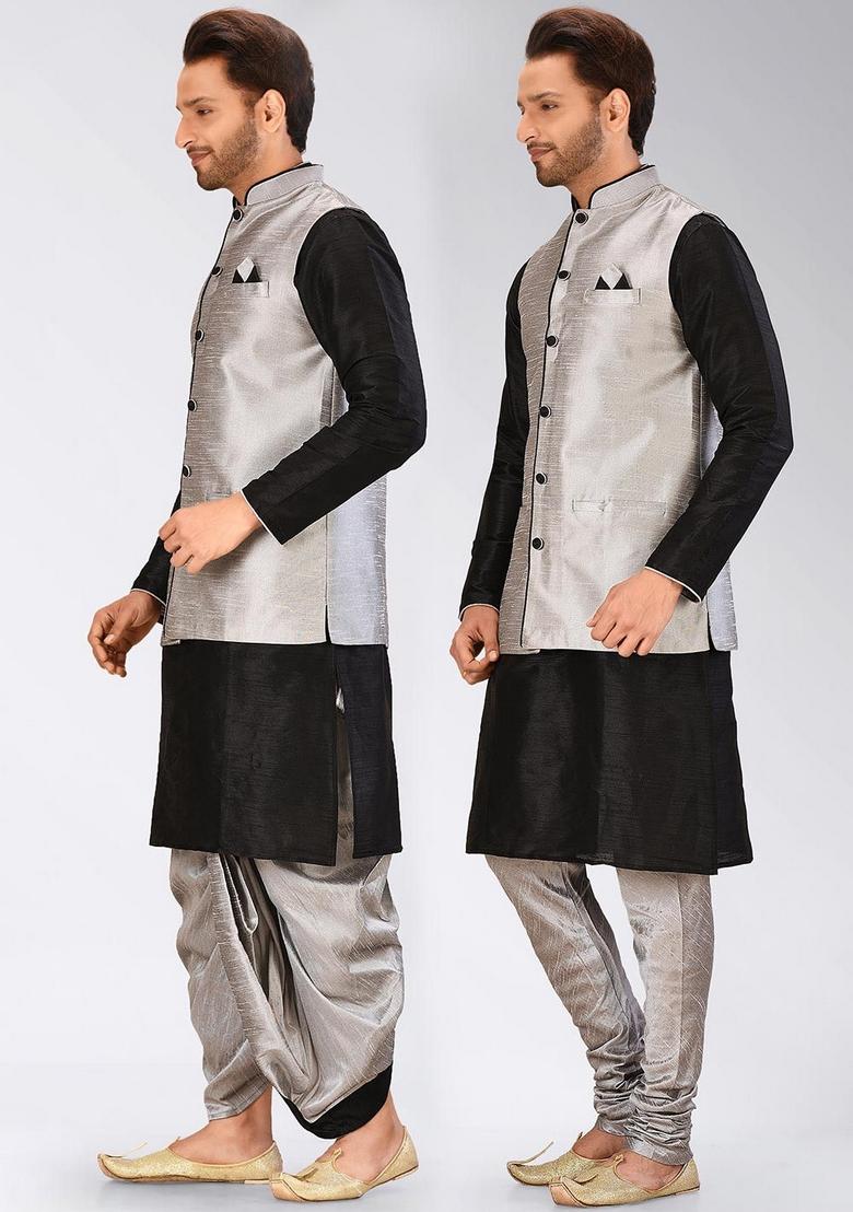 Black Solid Art Silk Nehru Jackets Set For Men