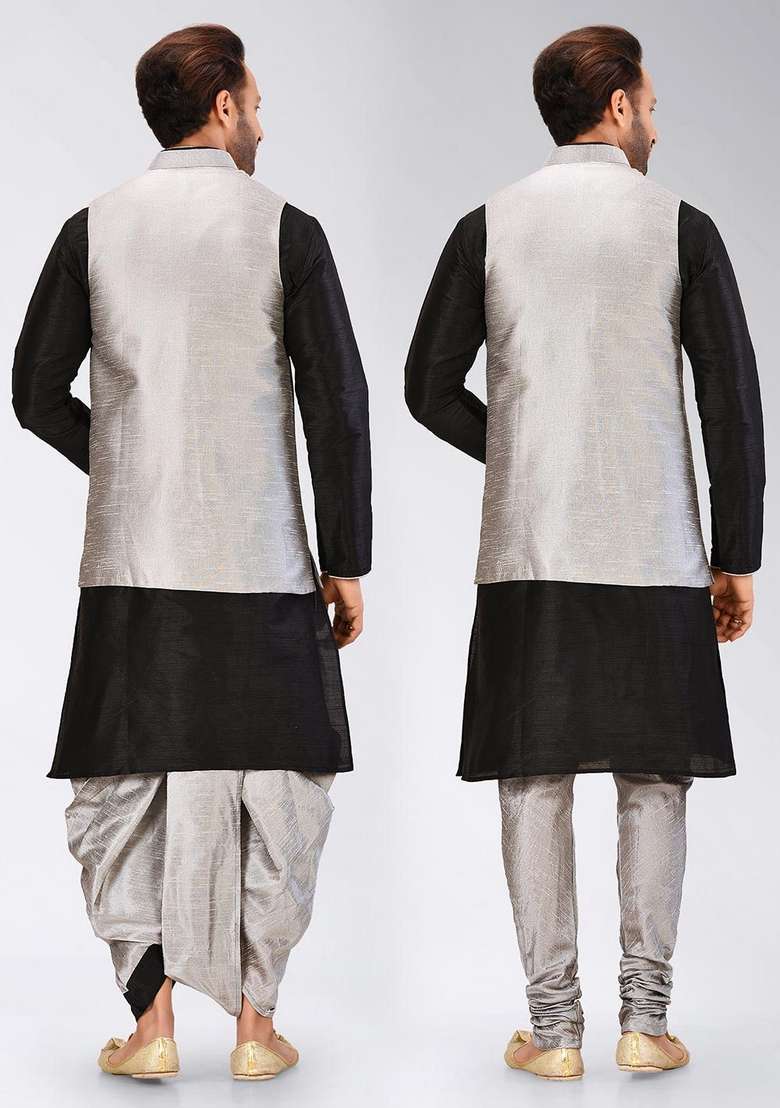 Black Solid Art Silk Blend Nehru Jackets Set For Men - Indya