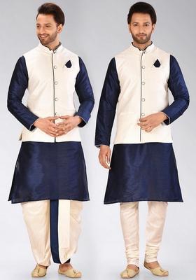 Navy Blue Solid Art Silk Nehru Jackets Set For Men