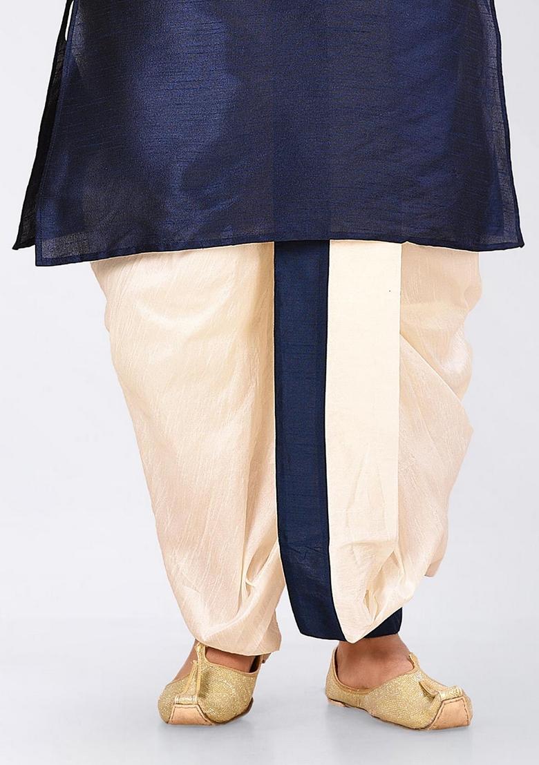 Navy Blue Solid Art Silk Nehru Jackets Set For Men - Indya