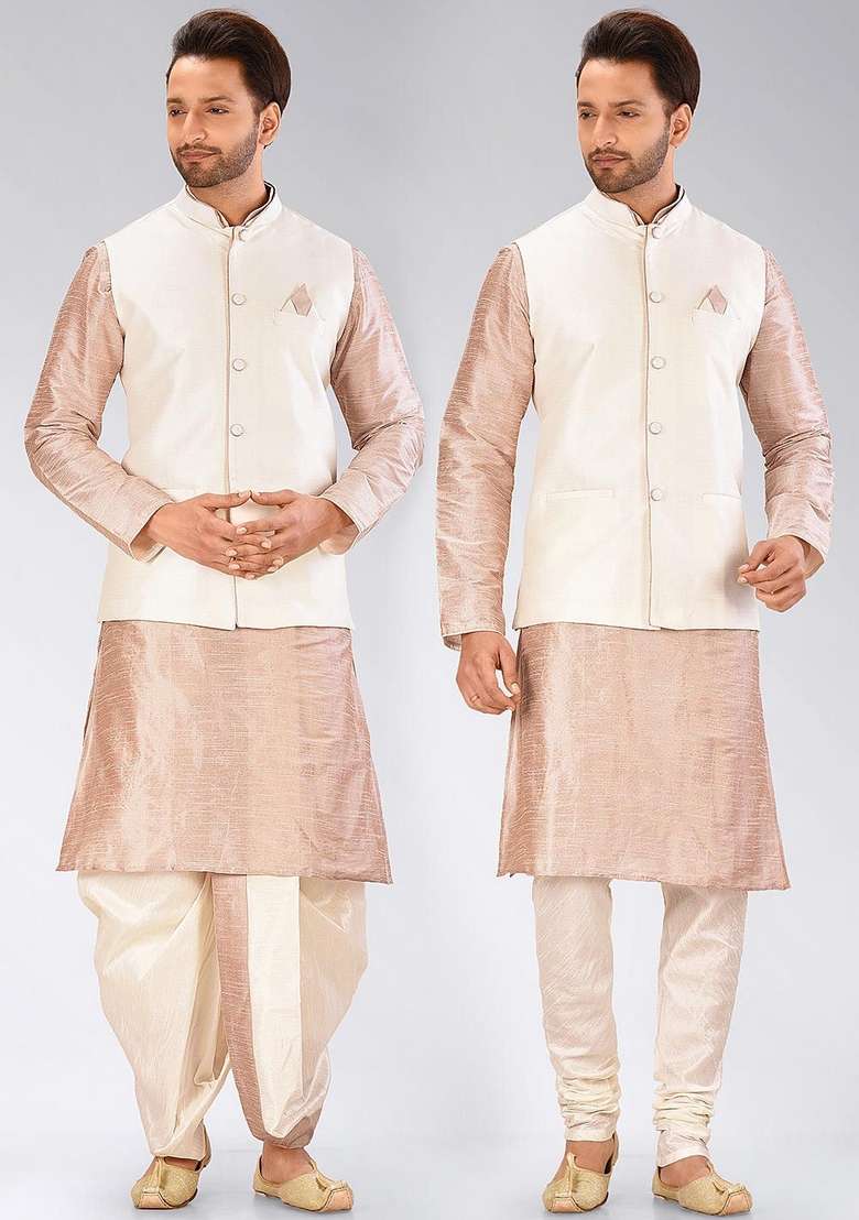 Light Brown Solid Art Silk Blend Nehru Jackets Set For Men - Indya