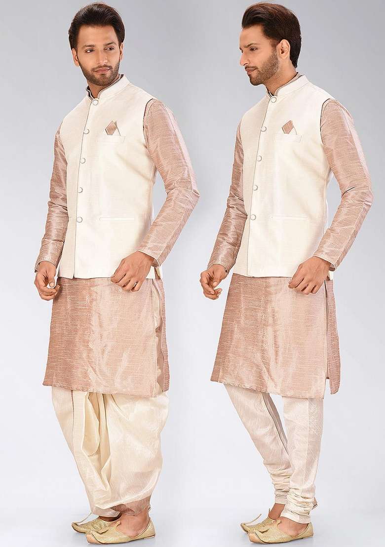 Light Brown Solid Art Silk Blend Nehru Jackets Set For Men - Indya