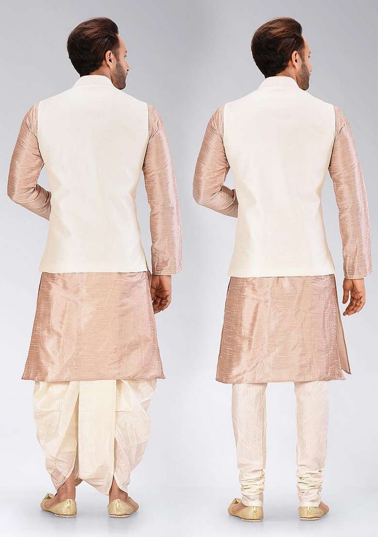Light Brown Solid Art Silk Blend Nehru Jackets Set For Men - Indya