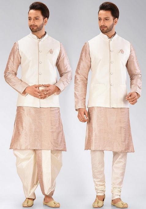 Light Brown Solid Art Silk Nehru Jackets Set For Men — view on Indya