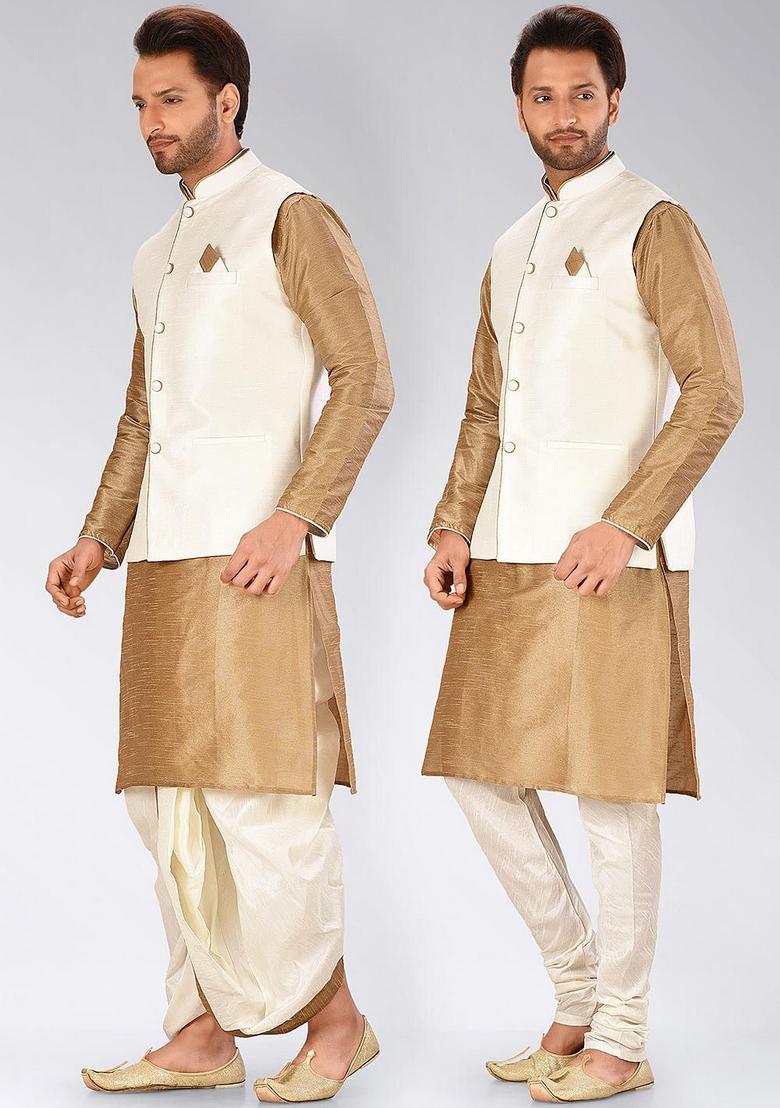 Chikoo Brown Solid Art Silk Nehru Jackets Set For Men - Indya