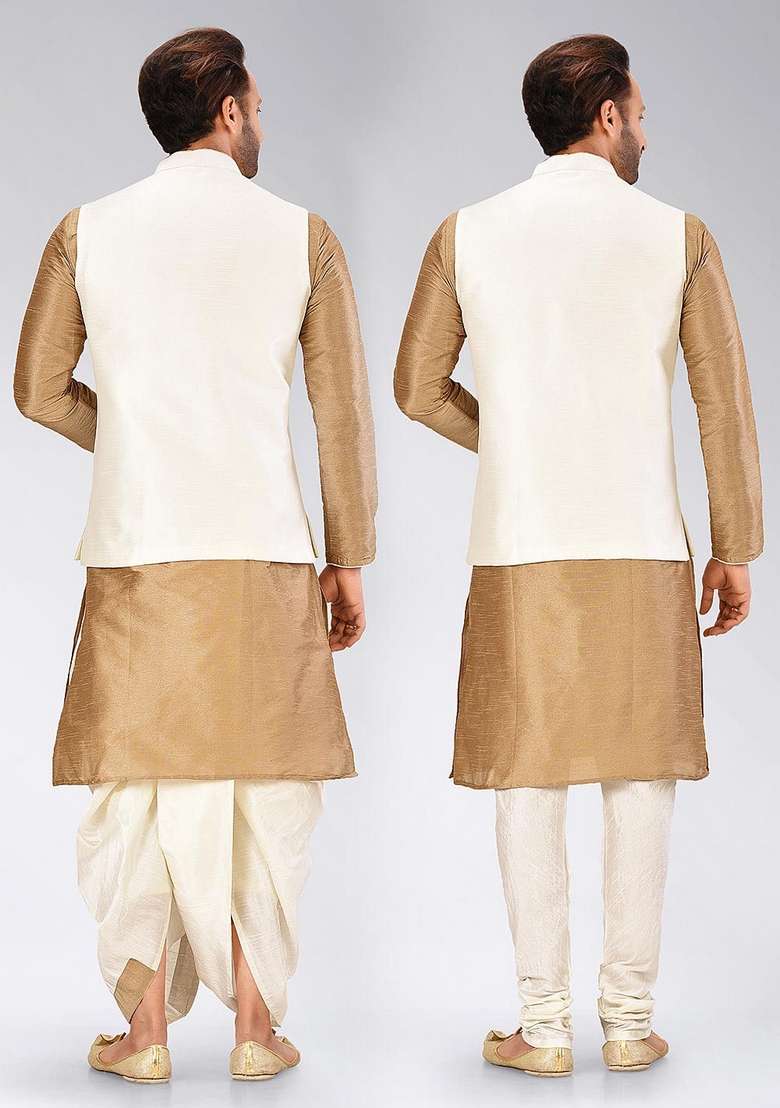 Chikoo Brown Solid Art Silk Blend Nehru Jackets Set For Men - Indya
