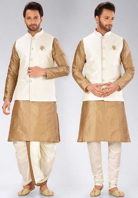 Chikoo Brown Solid Art Silk Blend Nehru Jackets Set For Men