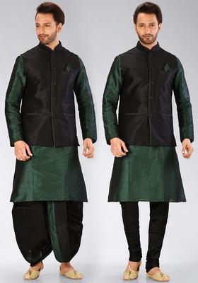 Rama Green Solid Art Silk Nehru Jackets Set For Men