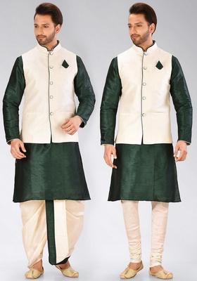 Rama Green Solid Art Silk Nehru Jackets Set For Men