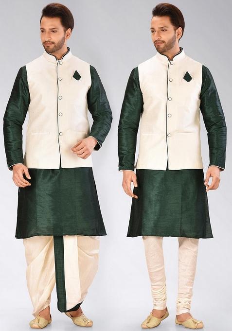 Rama Green Solid Art Silk Nehru Jackets Set For Men — view on Indya