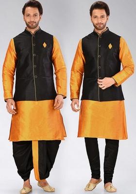 Mustard Yellow Solid Art Silk Nehru Jackets Set For Men