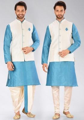 Firozi Solid Art Silk Nehru Jackets Set For Men