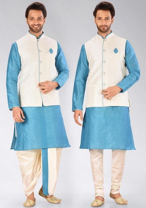 Firozi Solid Art Silk Nehru Jackets Set For Men — view on Indya