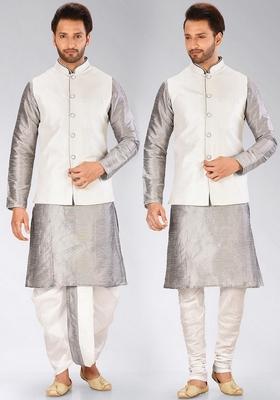 Grey Solid Art Silk Nehru Jackets Set For Men