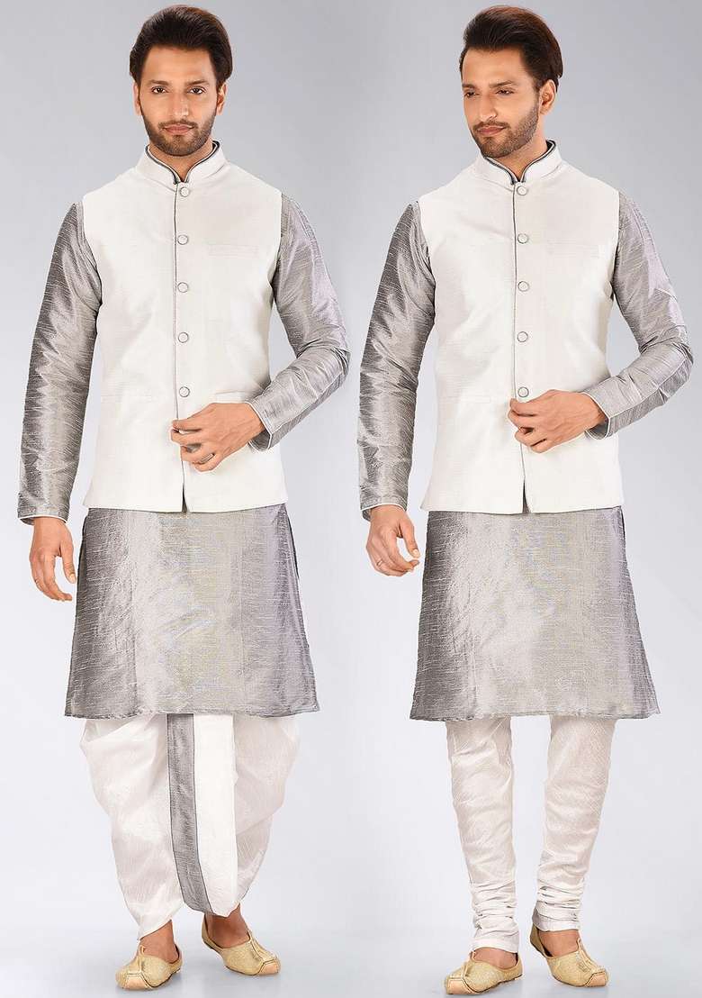 Grey Solid Art Silk Blend Nehru Jackets Set For Men - Indya