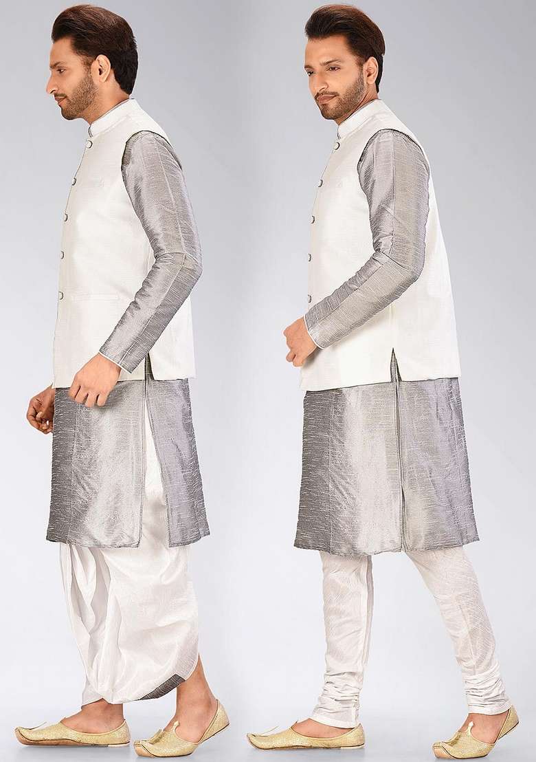 Grey Solid Art Silk Blend Nehru Jackets Set For Men - Indya