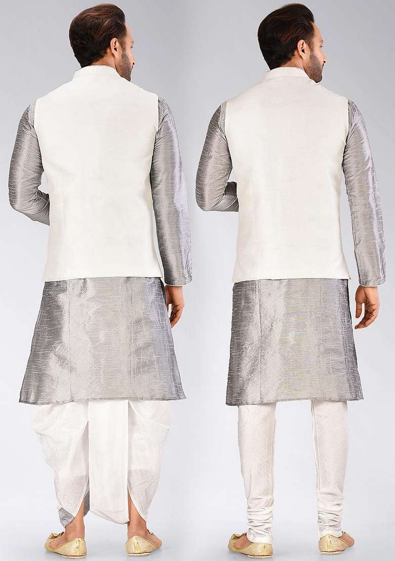 Grey Solid Art Silk Blend Nehru Jackets Set For Men - Indya
