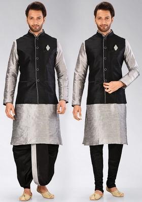 Grey Solid Art Silk Nehru Jackets Set For Men