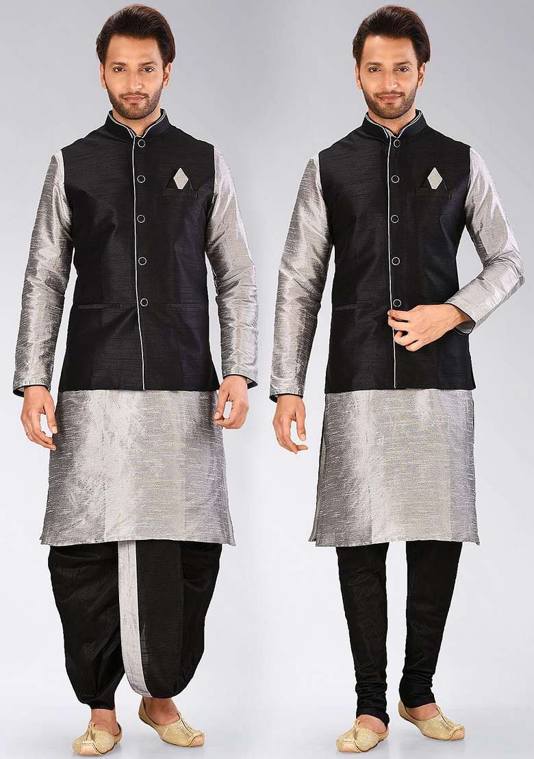 Grey Solid Art Silk Blend Nehru Jackets Set For Men - Indya