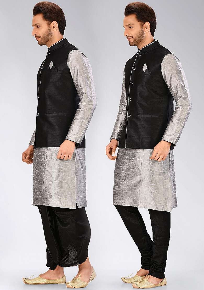 Grey Solid Art Silk Blend Nehru Jackets Set For Men - Indya