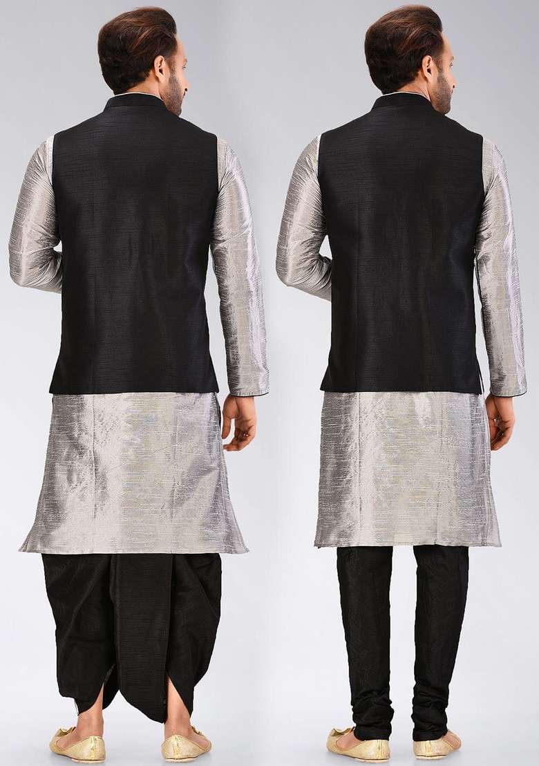Grey Solid Art Silk Blend Nehru Jackets Set For Men - Indya