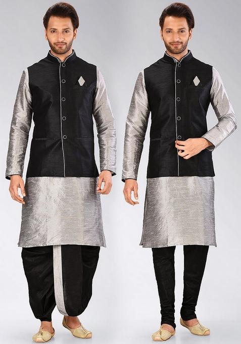 Grey Solid Art Silk Nehru Jackets Set For Men — view on Indya