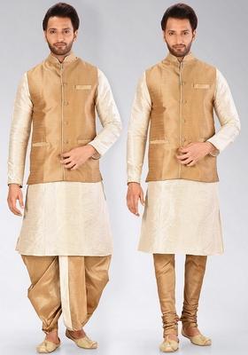 Deep Cream Solid Art Silk Nehru Jackets Set For Men