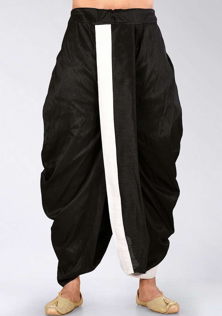 Black Solid Art Silk Blend Dhoti For Men - Indya