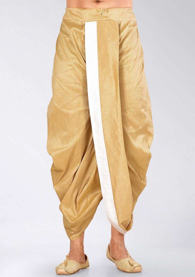Biscuit White Solid Art Silk Blend Dhoti For Men - Indya