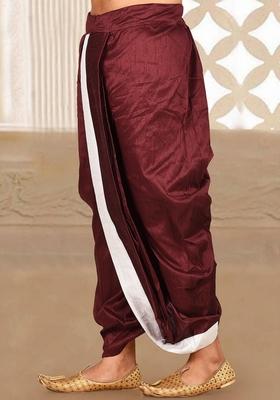 Maroon White Solid Art Silk Dhoti For Men