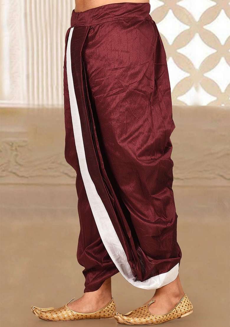 Maroon White Solid Art Silk Blend Dhoti For Men - Indya