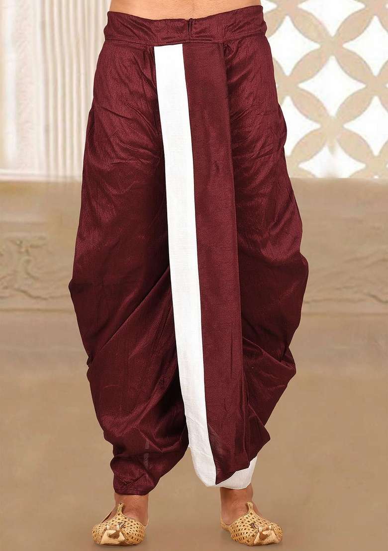 Maroon White Solid Art Silk Blend Dhoti For Men - Indya