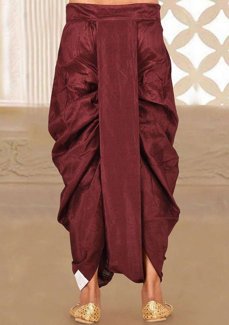 Maroon White Solid Art Silk Blend Dhoti For Men - Indya